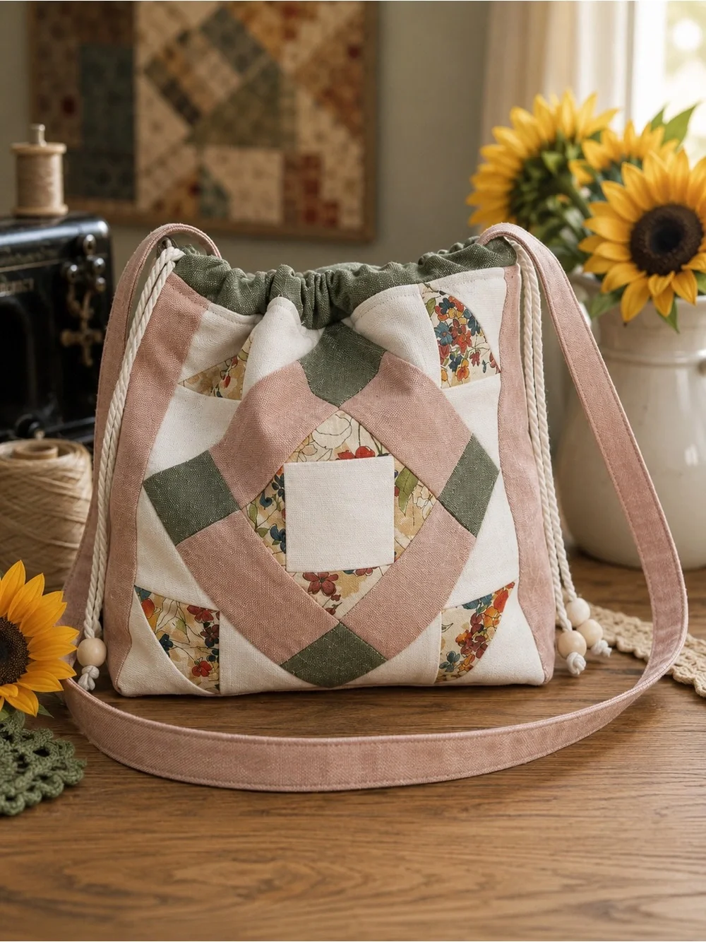 Patchwork Quilted Crossbody Purse in Pink and Green